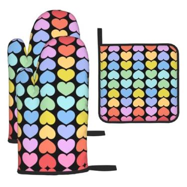 Imagem de Rainbow of Love – Conjunto de cozinha essencial com 3 peças, luvas resistentes ao calor e alça de tampa, proteção para churrasco no forno, design de armazenamento suspenso.