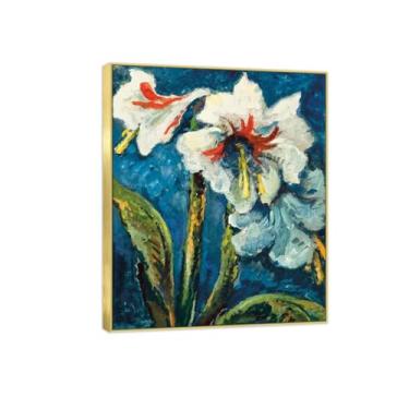 Imagem de Pintura de arte de parede de flores - Imagem de decoração vintage - Amarílis - Impressões em tela com moldura dourada para sala de estar 30 x 35 cm 12 x 13 pol