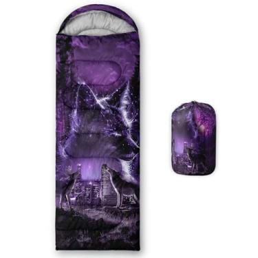 Imagem de AILONEN Sacos de dormir roxos e pretos para acampamento, leves e à prova d'água, clima quente e frio, sacos de dormir de lobos para crianças, meninos, meninas, adultos, viagens, atividades ao ar livre