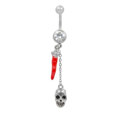 Imagem de Niaspi Anel de umbigo com pingente de caveira de Halloween com pingente de pimenta vermelha cristal pingentes de umbigo halteres curvados para mulheres e homens, joias de piercing corporal, 14g, Aço