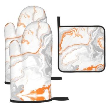 Imagem de Splatter de cobre com textura de mármore – Conjunto de cozinha essencial de 3 peças, luvas seguras para calor e aderência de tampa, proteção para churrasco no forno, design de armazenamento suspenso.