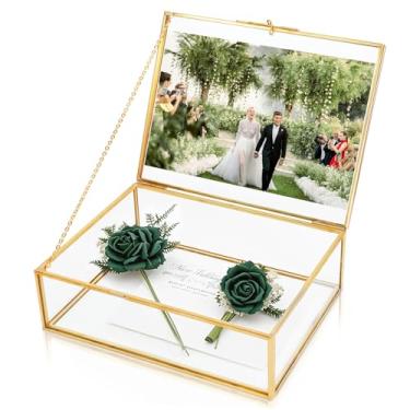 Imagem de Himitimi Caixa de lembrança de memória com tampas articuladas e moldura de foto, caixa de armazenamento decorativa de lembrança de vidro vintage para foto, carta, cartão de casamento, bugigangas (ouro