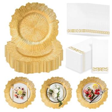 Imagem de PROY Conjunto de 200 placas carregadoras a granel, 50 peças de pratos de carregador de recife de ouro de 33 cm, 50 guardanapos descartáveis para pratos de jantar, carregadores de mesa para mesa