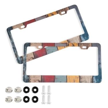Imagem de Wassud Moldura de placa de licença de madeira vintage com parafusos, 2 molduras decorativas de alumínio para carro, acessórios universais de carro para mulheres e homens