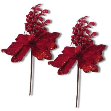 Imagem de 2 Florres Natalinas Artificiais, 62cm com Frutinhas e Brilho em Glitter | Enfeite Natalino de Luxo para Árvores, Guirlandas e Arranjos | Decoração para Festas e Final de Ano