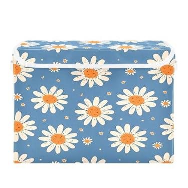 Imagem de CEBUGI Caixotes de armazenamento com tampas, caixa de armazenamento de tecido dobrável, caixas organizadoras de cubo de margaridas pequenas para prateleiras de quarto de armário de casa 40 x 30 x 39