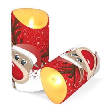 Imagem de ATTX Pacote com 2 velas sem chama de chapéu vermelho de rena – Velas de pilar de LED de 7,6 cm x 15 cm com controle remoto e temporizador para decoração de casa, casamento, acampamento #576