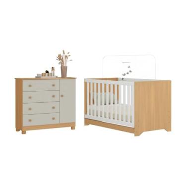 Imagem de Berço Americano 3 em 1 com Cômoda 1 Porta 4 Gavetas Allegra Multimóveis Mp4684 Madeirado/off White