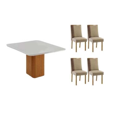 Imagem de Sala Jantar Mesa Maldivas Tampo c/ Vidro Curvo 90cm+4 Cadeiras Tilia Madeira Naturale/Off White - Capuccino/Suede Creme - Rufato
