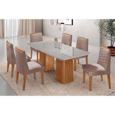 Imagem de Sala Jantar Mesa Maldivas Tampo c/ Vidro Curvo 180cm+6 Cadeiras Maldivas Madeira Naturale/Off White - Capuccino/Linho Capuccino - Rufato