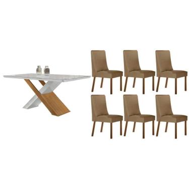 Imagem de Sala Jantar Mesa Imperatriz Tampo c/ Vidro Curvo 180cm+6 Cadeiras Dakota Madeira Naturale/Off White - Capuccino/Linho Bege - Rufato