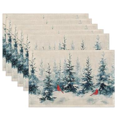 Imagem de Jogo americano de pano, jogo americano de tecido floresta de abeto de inverno, conjunto de 6, tapetes de mesa laváveis de pássaros cardeais vermelhos, tapetes decorativos para jantar, casa, cozinha