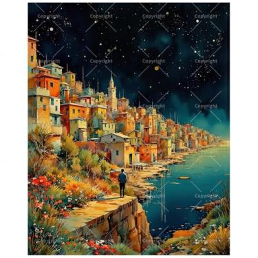 Imagem de Kit de pintura Starry Village por números para adultos – Pintura noturna à beira-mar em tela 40,6 x 50,8 cm, conjunto de tinta acrílica, adequado para iniciantes, arte para decoração de casa ou