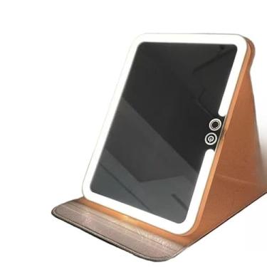 Imagem de Espelho Led Espelhos De Maquiagem Espelho De Maquiagem Com Led – Mesa Redonda Madeira Bambu Luz Branca Recarga Usb(Retangulo Rosa)