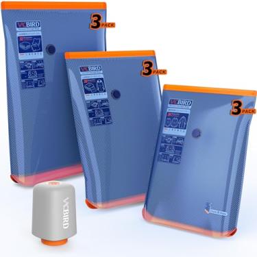 Imagem de Vacbird Sacos de armazenamento a vácuo com bomba sem fio recarregável, pacote com 9, 3 tamanhos, organizadores de compressão, sacos de selo, economia de espaço para roupas e roupas, cobertores