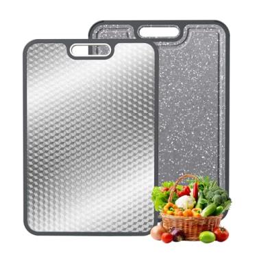 Imagem de FOLUMAD Tábua de corte de aço inoxidável, tábua de corte dupla face de grau alimentício 304 para cozinha, aço inoxidável 16 x 11 / palha de trigo PP tábua grande para carne, frutas, legumes, exterior