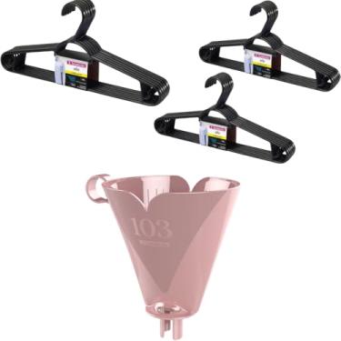 Imagem de Conjunto de 1 Suporte para Filtro de Café 103 Rosa + 3 Kit com 6 Cabides Plasticos Pretos