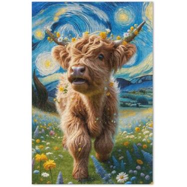 Imagem de Vaca Highland Quebra-cabeça floral noite estrelada 500 peças quebra-cabeça adultos elefante branco paisagem quebra-cabeça família brinquedo artístico 50,5 x 14,9 polegadas