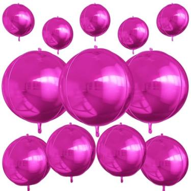 Imagem de 12 balões redondos rosa choque, 55,8 cm, 38,1 cm, 25,4 cm, bola de hélio 4D, balão de alumínio rosa metálico para aniversário, formatura, casamento, aniversário, véspera de ano novo, discoteca