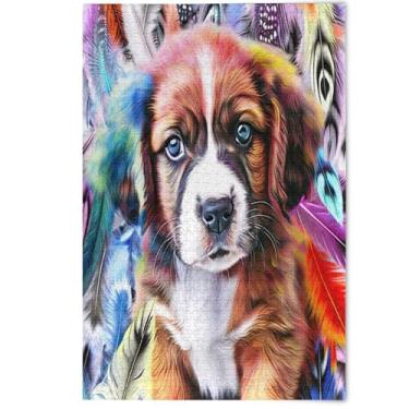 Imagem de Quebra-cabeça colorido de cachorro fofo animal adulto 1000 peças, presentes para jogo de elefante branco quebra-cabeças difíceis desenho animado arte animal, 1000 peças, 75 x 50 cm