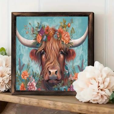 Imagem de Placa de parede emoldurada vintage rústica - Retrato floral de vaca highland decoração de mesa 20 x 20 cm - presentes para fazenda, cafés, lojas, quarto, banheiro, casa e escritório