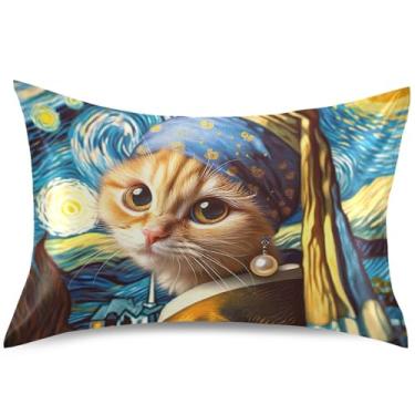 Imagem de Capas de travesseiro engraçadas de gato com brinco de pérola de cetim padrão King Queen Capas de travesseiro engraçadas refrescantes almofadas de cama macias confortáveis, tamanho Queen, 76 cm x 50 cm