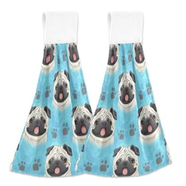 Imagem de Toalhas de mão de outono com laço para pendurar fofo cachorro pug azul desenho animado forno toalhas de chá conjunto de 2, toalha decorativa de cozinha fofa absorvente, 46 x 35 centímetros