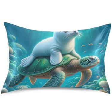 Imagem de Capa de almofada fofa de cetim com selo de tartaruga marinha, padrão King Queen, capa de almofada de resfriamento de animais fofos, decoração de quarto, estética, tamanho king, 101,6 cm x 50,8 cm