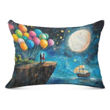 Imagem de Capa de almofada romântica casal lua azul para casal, 50,8 x 66 cm, padrão, resistente a desbotamento e manchas, com zíper