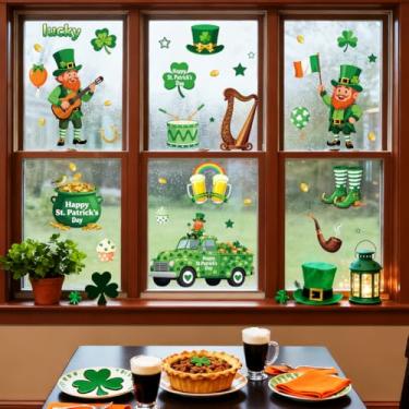 Imagem de ANATTASOUL Adesivos de janela estática do Dia de São Patrício, caminhões e moedas de ouro, 1 folha de decalques reutilizáveis para vidro, 120 cm x 30 cm, adesivo removível de dupla face para quarto