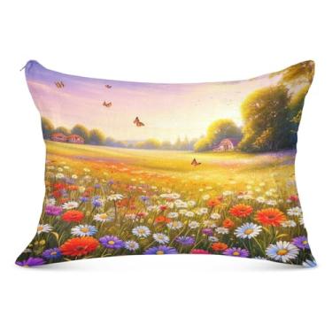 Imagem de Fronha decorativa de flores silvestres coloridas com zíper floral padrão Queen King Body Size Travesseiros engraçados para sofá de cama de casa, tamanho king, 50,8 cm x 101,6 cm