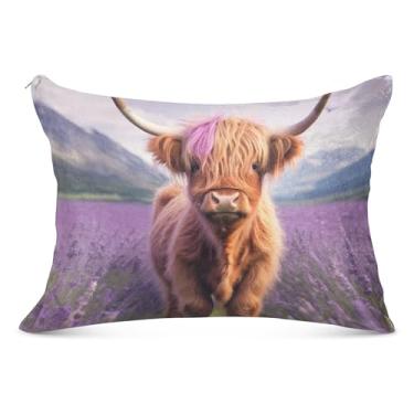 Imagem de Linda capa de almofada de vaca Highland roxa felpuda com zíper padrão Queen King travesseiro bonito almofada confortável cama macia, tamanho king, 50,8 cm x 101,6 cm