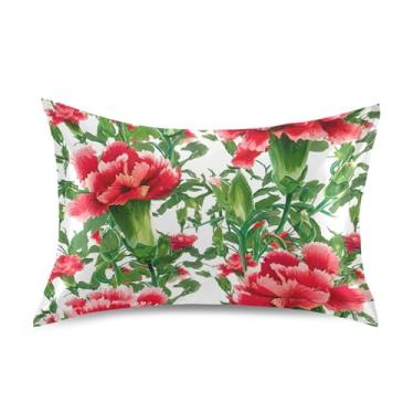 Imagem de Fronhas de cetim com estampa divertida e estampa de cravos florais vermelhos, folhas verdes, capas de travesseiro de cama king queen padrão 66 x 50 cm