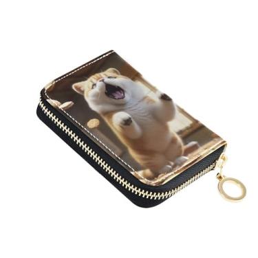 Imagem de Porta-cartões de crédito com bloqueio de RFID, carteira feminina, pequena, com zíper, porta-chaves, cachorro pulando gato gordo