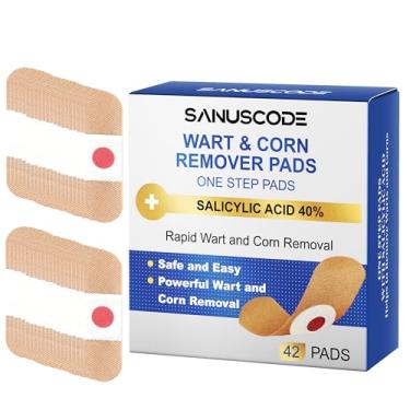 Imagem de sanuscode 42 unidades de almofadas removedoras de verrugas - tratamento de verrugas de ação rápida e sem dor com 40% de ácido salicílico para pés (verrugas plantares), mãos e corpo - Uso doméstico