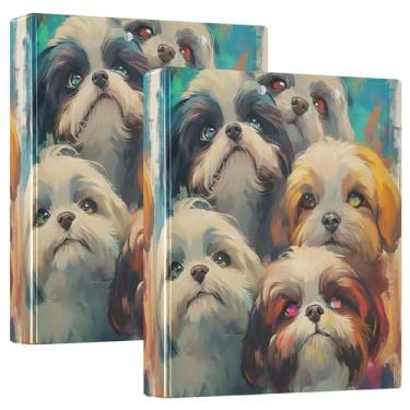 Imagem de Pastas coloridas para cães Shih Tzu abstratos de 3,8 cm com 3 argolas para guardar 200 folhas, fichário de receitas de anel redondo, 31,5 x 27 x 6 cm, pacote com 2