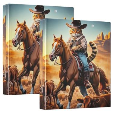 Imagem de Gato chapéu de cowboy cavalo deserto 3 anéis 1,5 polegadas fichários comporta 200 folhas, impressão artística, portfólio, pastas, anel redondo, fichário de escritório, 31,5 x 27 x 6 cm, 1 pacote