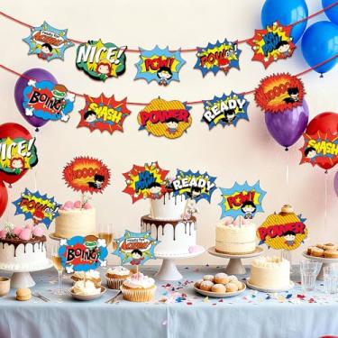 Imagem de 10 peças de suprimentos de decoração de festa de super-herói - Banner de papelão com recortes de placa de herói de desenho animado para aniversário, chá de bebê, volta às aulas, adereços de cabine de
