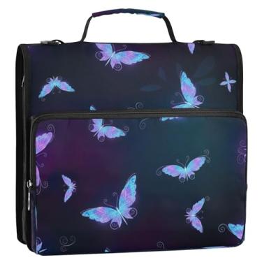 Imagem de Bolsa organizadora de fichário de fantasia roxa de borboleta brilhante com alça, 3 anéis de 3 anéis, porta-pastas de portfólio para escola e escritório