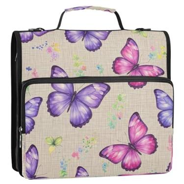 Imagem de Bolsa organizadora de fichário com zíper e estampa rosa borboleta roxa com alça de ombro, 3 anéis de 3 anéis, suporte de pasta para escola, escritório, viagens