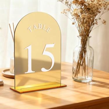 Imagem de Patioer Números de mesa de casamento dourados com suportes, placas acrílicas de dupla face 12,7 x 17,8 cm numeradas de 1 a 15 para eventos de festas de recepção de casamento