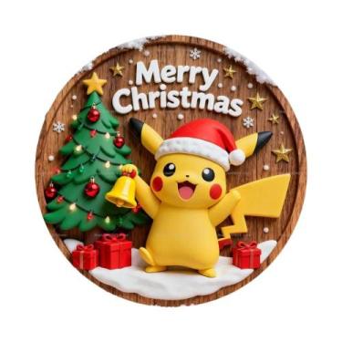 Imagem de Placa Redonda De Madeira Personalizada De Feliz Natal Pokémon Para Dec