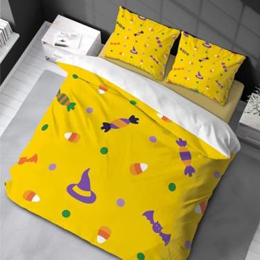Imagem de Conjunto de edredom Queen Size aquarela infantil macio conjunto de capa de edredom 3 peças amarelo doce Halloween conjunto de cama 220x240 cm -50x75cm*2