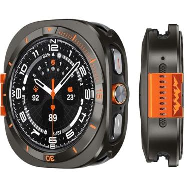 Imagem de Suphart Capa de metal compatível com Samsung Galaxy Watch Ultra 2025/2024, amortecedor resistente 2 em 1 com moldura traseira para Galaxy Watch de 47 mm (grafite/laranja)