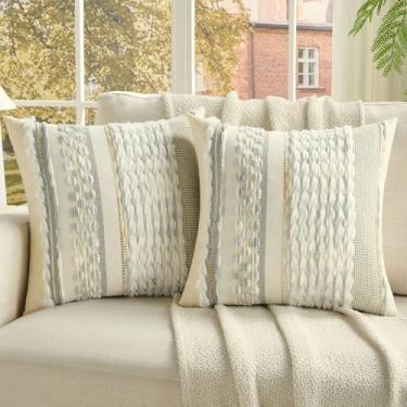 Imagem de FUTEI Conjunto de 2 capas de almofada com detalhes em branco, cinza, azul, 50,8 x 50,8 cm de pelúcia, listradas, texturizadas, para decoração de sofá boho de fazenda