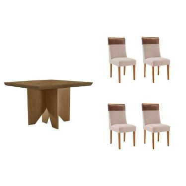 Imagem de Sala Jantar Mesa Nevada Tampo Curvo 90cm+4 Cadeiras Jaspe Madeira Naturale - Capuccino/Suede Creme - Rufato