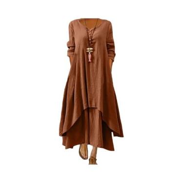 Imagem de Vestido longo solto feminino com botão, cor sólida, algodão, moda casu