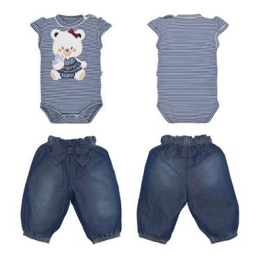 Imagem de Conjunto Body Listrado Calça Culote Jeans Bebê Menina Raquel, M