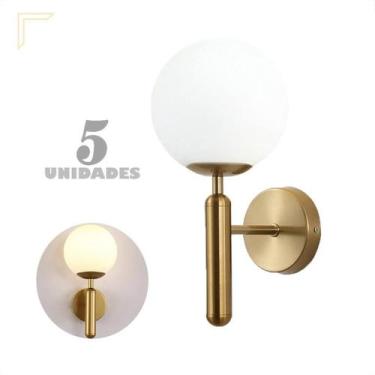 Imagem de Kit 5 Arandela Dourada Globo Vidro Branco E27 Sala Lavabo - Acende A L
