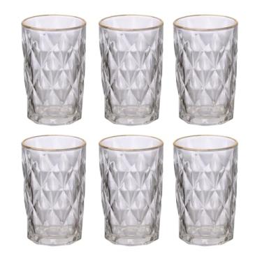 Imagem de Jogo de 6 Copos de Vidro Diamond 400ml para Suco, Água e Drink Conjunto de Peças Resistente (Transparente com Borda de Ouro)